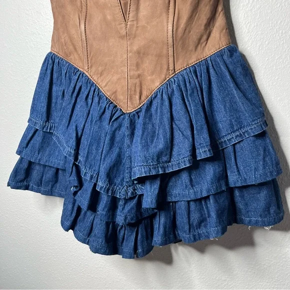 Vintage Danna Strapless Leather and Denim Drop Waist Ruffle Tiered Mini Dress - Picture 5 of 7